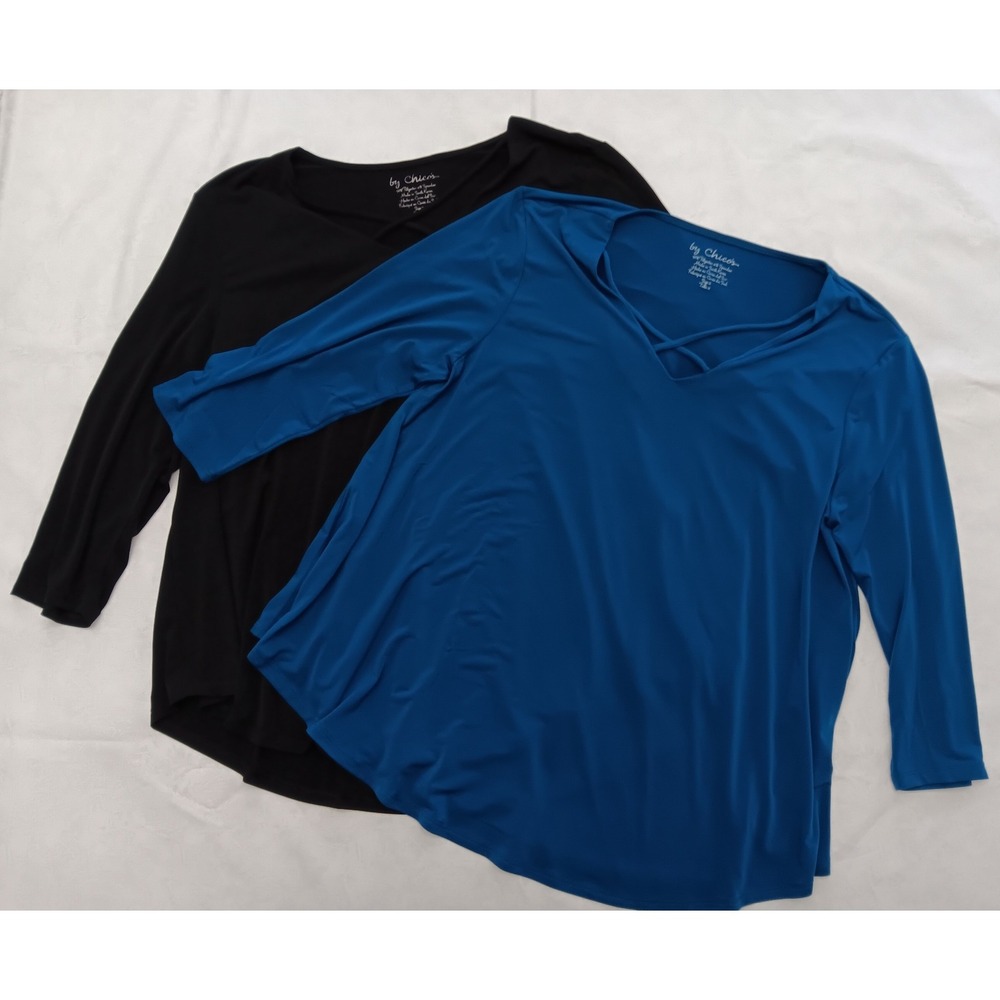 by Chico's Lot of 2 V-Neck Criss Cross 3/4 Sleeve Tunics Black Blue Size 2 Large